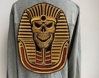 Gold Embroidered Pharaoh Skull Patch: Egyptian Iron-On Appliqué