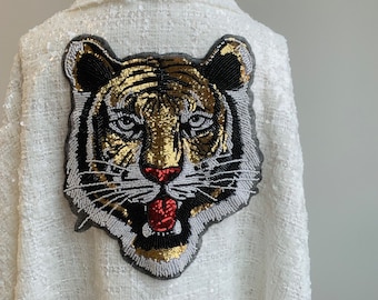 Large Sequin Tiger Patch: Sew-On Beaded Applique