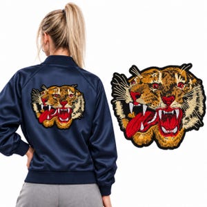 Japanese Double Tiger Patch - Sukajan Style Embroidered Tiger Heads - Large Iron On Applique for Bomber Jackets & Denim