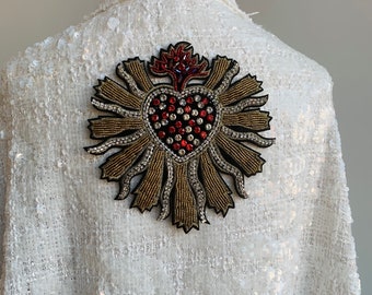 Beaded Sacred Heart Patch: Golden Crystal Applique for DIY Clothing