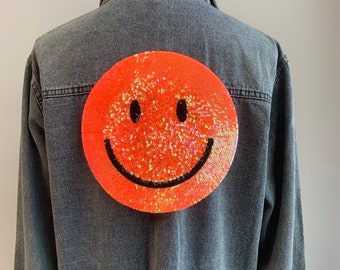 Grote pailletten smiley opstrijkbare patch - blij gezicht - oranje