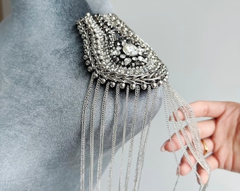 Silver Rhinestone Chain Tassel Epaulets - Glamorous Shoulder Accessories