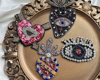Rhinestone Evil Eyes Patches Beaded Sacred Heart Embroidery Diamond Eyes Sewing Supplies for Vintage Clothing Costume Decorative Appliques