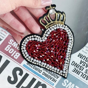 Beaded Milagro Heart Patches Rhinestone Pearl Sew On Vintage Clothes,Bags,Hats Gold Sacred Heart With Flames Applique Handmade Custome