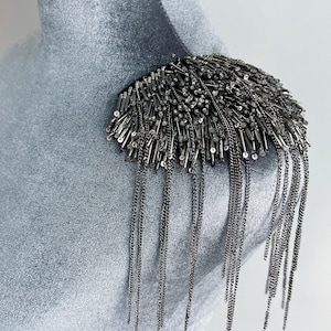 Silver Fringe Epaulet Statement Shoulder Accessory for suit