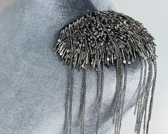Silver Fringe Epaulet Statement Shoulder Accessory for suit