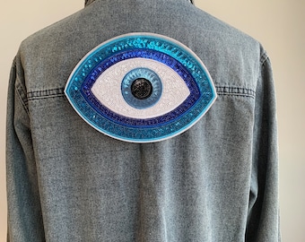 Large Blue Sequins Evil Eye Iron-On Patch - Ward off Negativity in Style