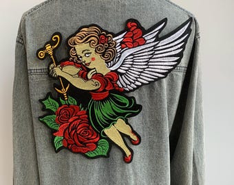 Archangel with Roses Embroidered Patch – Large Angel Wing Appliqué for Denim Jacket Back
