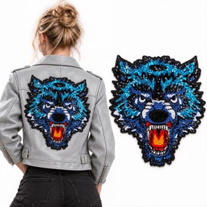 Extra large sequins Wolf Sew on patch for jeans jacket back appliqué
