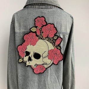 Gothic Skull & Roses Embroidered Iron-On Patch