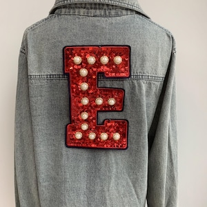 Red Sequin E Initial Patch with Pearls | Glitter Varsity Letter Patch | DIY Glam Sew on Applique for Fashion Jackets