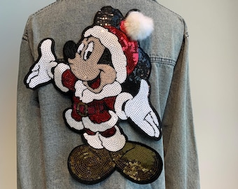 Sparkling Sequin Christmas Mouse Patch – Large Handmade Beaded Embroidery Appliqué for Jackets, Coats & Festival Clothing