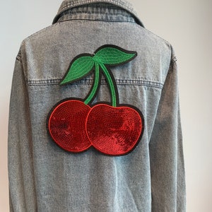 Large Sequin Cherry Iron-On Patch | Sparkling Embroidered fruit Applique