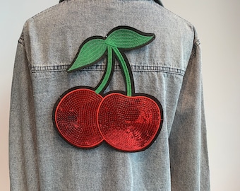 Large Sequin Cherry Iron-On Patch | Sparkling Embroidered fruit Applique