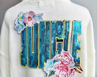 Large Sequin Jungle Embroidered Patch: Light Blue Glitter Applique