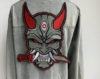 Hannya Demon Mask Patch - Japanese Oni Embroidered Iron on Appliqué with Red Horns, Fierce Eyes and Knife Bite - Tattoo & Streetwear Style