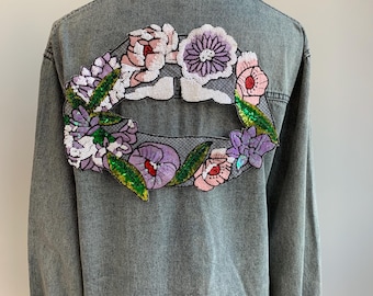 Embroidered Floral Sequin Lips Patch - Large Colorful Flower Shimmering applique