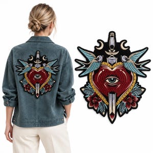 Large Embroidered Sword Heart Patch – Evil Eye Design iron on appliqué for clothes back