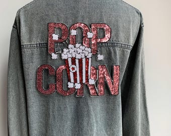 Large Sequined Popcorn Iron-On Patch with Playful Popcorn Pattern for Popcorn costume appliqué