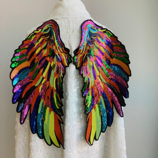 Extra Large Rainbow Color Sequin Angel's Wing Sew On Patch - Vibrant Handmade Applique