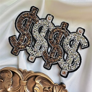 Dollar Sign Bills Rhinestone Embroidered Applique Badge Iron Sew on Bags,coat,jackets Beaded Clothes for Backpack Costume Decorative DIY