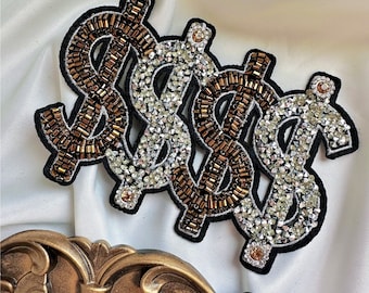 Rhinestone Dollar Sign Applique: Beaded Iron-On Patch (5.1x3.5&#39;&#39;)