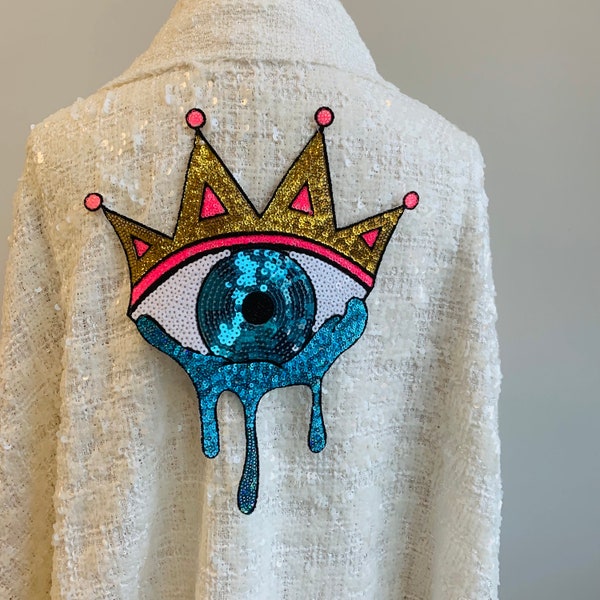 Captivating Large Sequins Hamsa Crying Eye with Crown Iron-On Patch | Unique Symbol of Protection