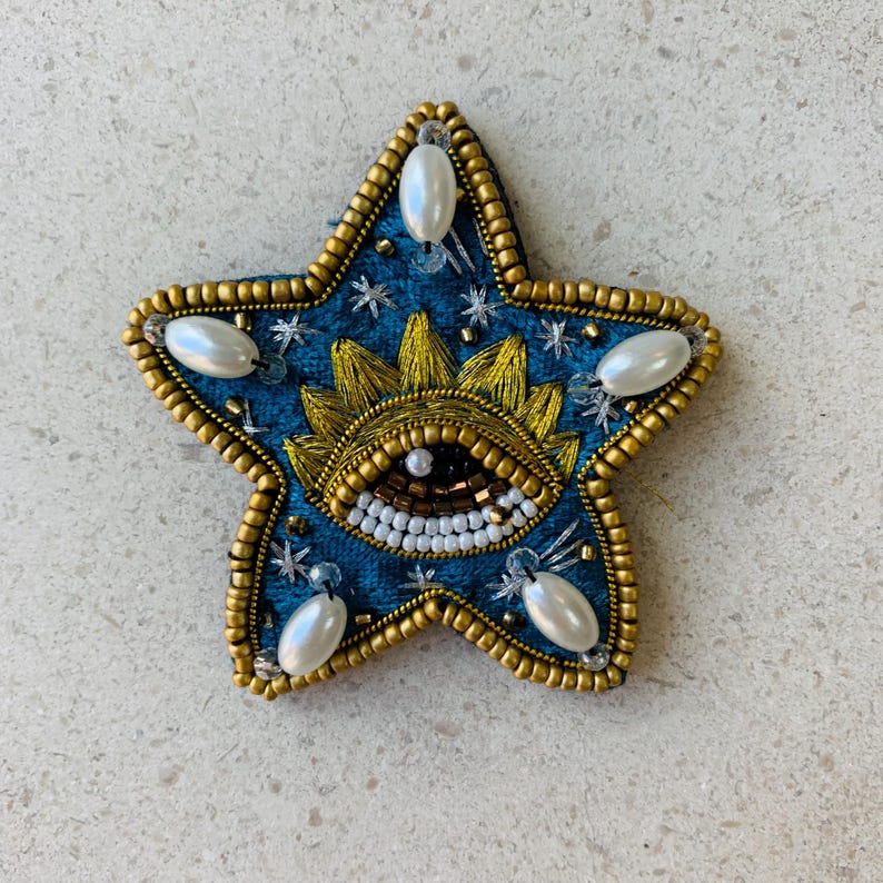 Hartpatch met sprankelende kralen en boze oog | Handgemaakt borduursel met kralen en parels voor jassen, tassen en kostuums Star 6.5cm * 6.5cm