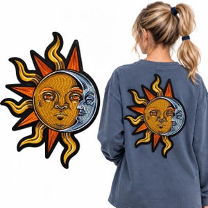 Boho Sun & Moon Face Embroidered Iron-on Patch: Celestial Yin Yang Applique