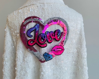Love in Bloom Sequin Heart Iron-On Patch: Pink, Silver, Kisses (19x20cm)