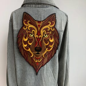 Bohemian Embroidered Wolf Patch – Brown and Gold Tribal Animal Iron-On Appliqué for Jackets & Bags
