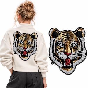 Large Sequin Tiger Patch: Sew-On Beaded Applique