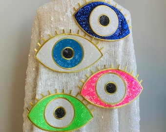 Mesmerizing Evil Eye with Eyelash Iron-on Patch: Embroidered Sequins for Protection and Style