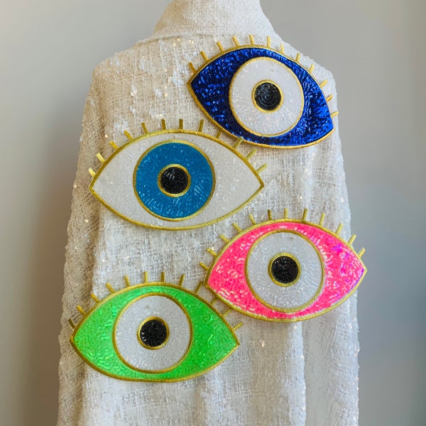 Mesmerizing Evil Eye with Eyelash Iron-on Patch: Embroidered Sequins for Protection and Style