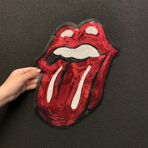 Large Red Sequins Tongue Patch - Sparkly Iron-On Appliqué for Jackets Decoration