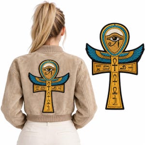 Egyptian Ankh Embroidery Patch - Winged Ankh with Eye of Horus & Hieroglyphics - Large Iron On Ancient Symbol Applique for Jackets