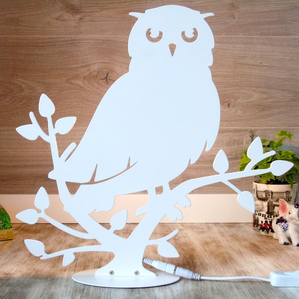 Metal night lamp owl / owl sitting on tree lamp / steel lamp / desk lamp / night lamp / modern lamp / owl lamp