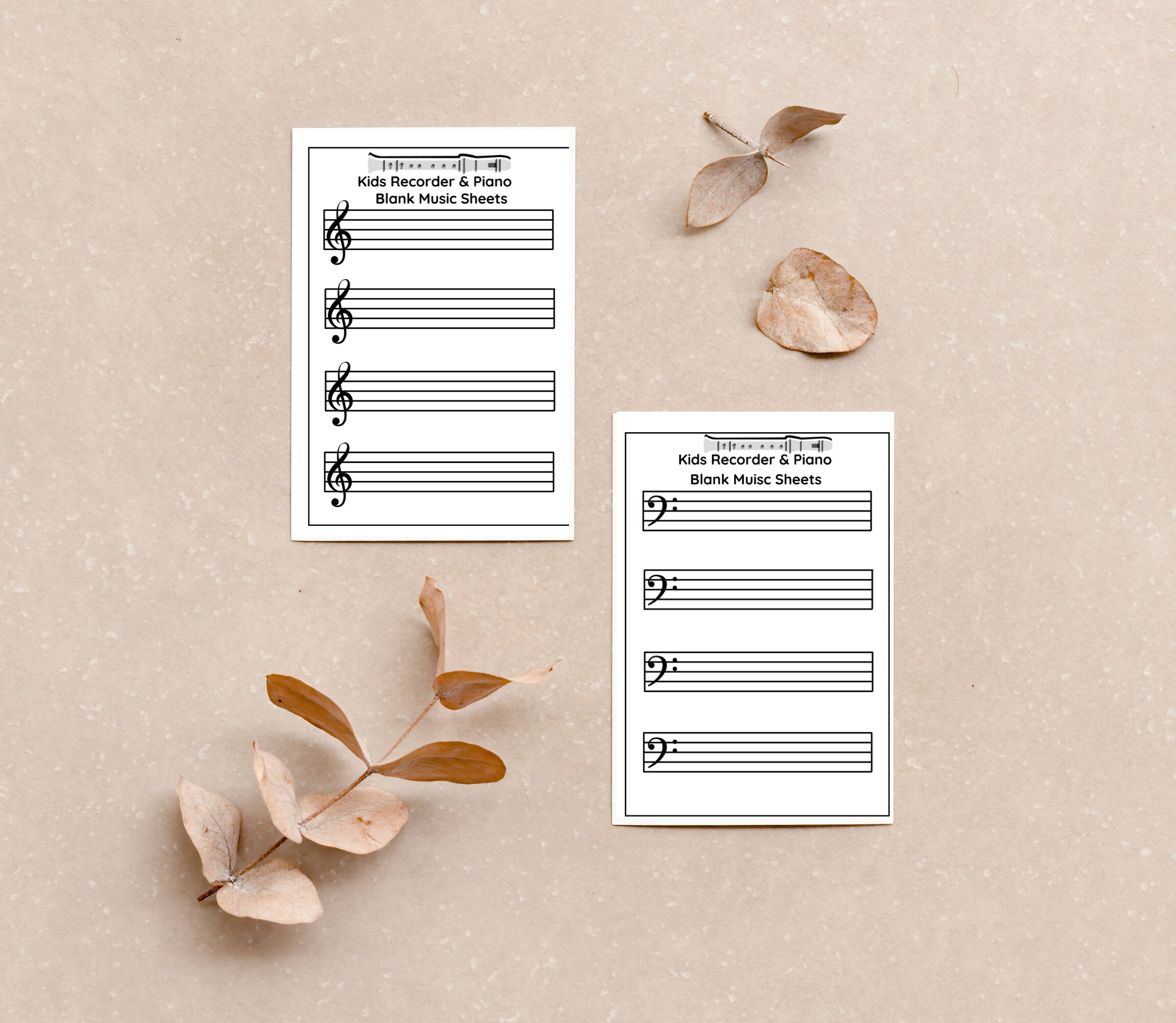 Kids printable sheet music sheet for recorder and piano blank sheet