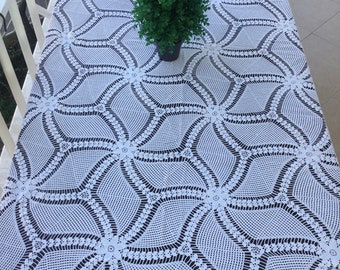 Hand Embroidered,White Vintage Decorative Lace Table Cloth or Bedspread,Handmade Large Rectangle,Old Crochet