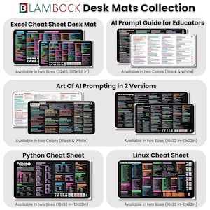 Peut inclure: Collection de tapis de bureau avec des feuilles de triche Excel, AI Prompt Guide, Python et Linux. Disponibles en deux tailles : 81x41cm et 80x30cm, et 41x81cm et 30x56cm. Certains tapis sont disponibles en noir et blanc. Id&eacute;al pour l'apprentissage.