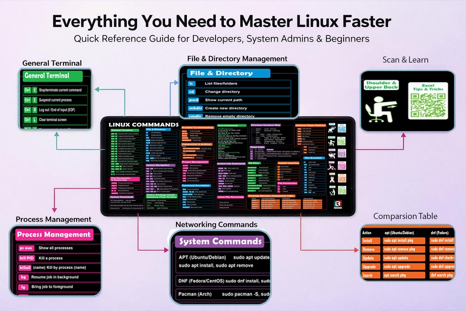 Linux Commands Cheat Sheet Desk Mat: Terminal Shortcuts & Git ...