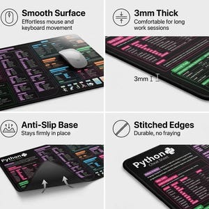Peut inclure: Tapis de souris noir avec une feuille de triche Python, surface lisse et bords cousus. Le tapis de souris mesure 3 mm d'&eacute;paisseur et poss&egrave;de une base antid&eacute;rapante. Il pr&eacute;sente un design color&eacute; avec des informations de programmation et le texte "Python Cheat Sheet".
