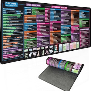 Peut inclure: Tapis de bureau rectangulaire noir avec des raccourcis Excel et Google Sheets colorés. Le tapis affiche des fonctions, des touches de raccourci et des conseils de navigation. Une section enroulée révèle des touches et des codes QR supplémentaires.