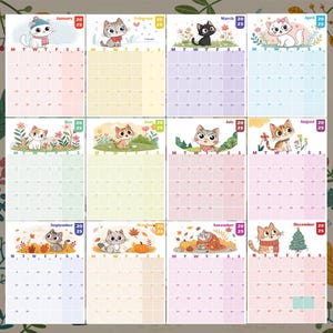 Calendario 2025 con bonitos gatos kawaii. Descarga instantánea digital. Calendario mensual imprimible para escritorio y pared. Tamaño vertical A3, A4, A5 y carta de EE. UU.