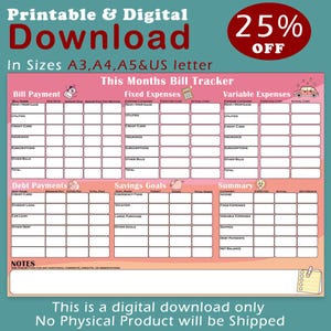 Bill Payment Tracker, Bill Organizer, Bill Tracker, Bill Due Planner, Monthly Bill Tracker, Monthly Budget Planner,  Digital PRINTABLE PDF
