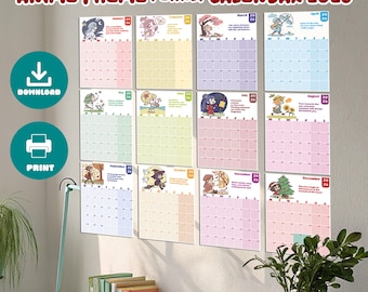 Kalendarz Kawaii Anime 2026 | Miesięczna grafika ścienna do druku (pobieranie cyfrowe)
