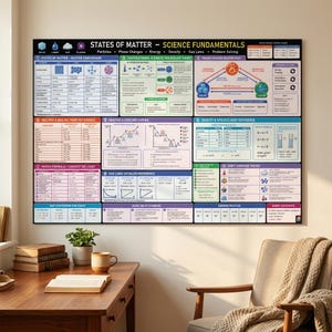 May include: A rectangular educational wall poster titled States of Matter - Science Fundamentals. The chart features various sections including particle theory, phase changes, heating and cooling curves, density, gas laws, and unit conversion charts.