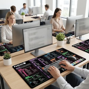 Peut inclure: Plusieurs personnes travaillent &agrave; des bureaux avec des ordinateurs. Chaque bureau est &eacute;quip&eacute; d'un tapis de souris noir avec des diagrammes de code Python color&eacute;s. Les tapis de souris ont un clavier, une souris et le mot "Python".
