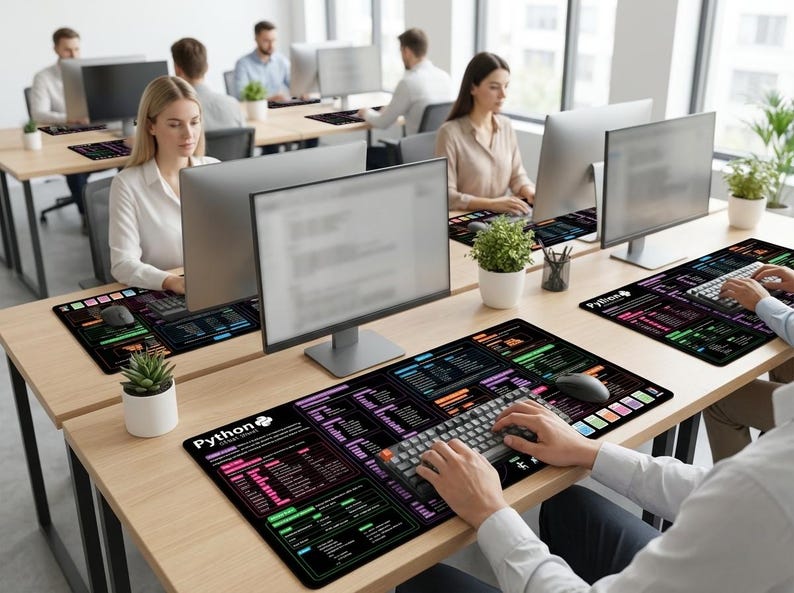Peut inclure: Plusieurs personnes travaillent &agrave; des bureaux avec des ordinateurs. Chaque bureau est &eacute;quip&eacute; d'un tapis de souris noir avec des diagrammes de code Python color&eacute;s. Les tapis de souris ont un clavier, une souris et le mot "Python".