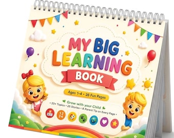 Livre d'apprentissage avec reliure spirale pour tout-petits 1-4 ABC avec des histoires au coucher, des nombres, des couleurs, des sentiments, des leçons de vie-26 PAGES